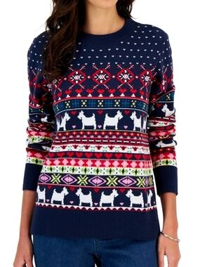 $60 Charter Club Women Navy Fair Isle Crewneck Sweatshirt Sweater Dogs XL